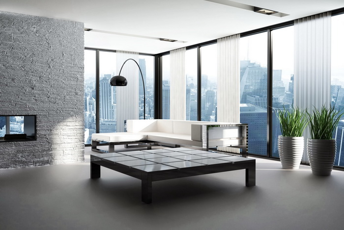 splendid-sunroom-apartment-design-ideas-featuring-white-leather-corner-sectionals-sofa-with-set-back-arms-near-black-arch-lamp-also-dark-finish-square-wooden-coffee-table-using-glass-top