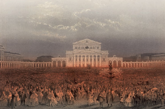 Иллюминация Театральной площади в честь коронации Александра II, 1856. Вид на Большой Петровский театр. Литография с рисунка В. Садовникова из «Альбома А. Кавоса» 1859