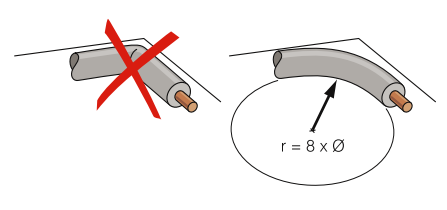 Радиус изгиба сетевого кабеля, должен быть не меньше 8 внешних диаметров прокладываемого кабеля