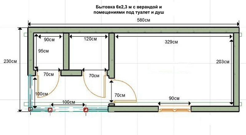 Проект однокомнатной бытовки для дачи с душем и туалетом