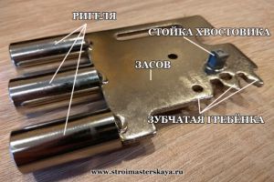 Устройство засова сувальдного замка, ригеля, зубчатая гребенка, стойка хвостовика
