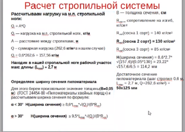 Расчет стропильной системы