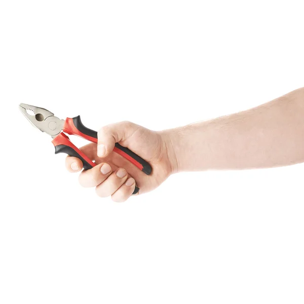 Hand holding a plier tool, composition isolated over the white background — стоковое фото