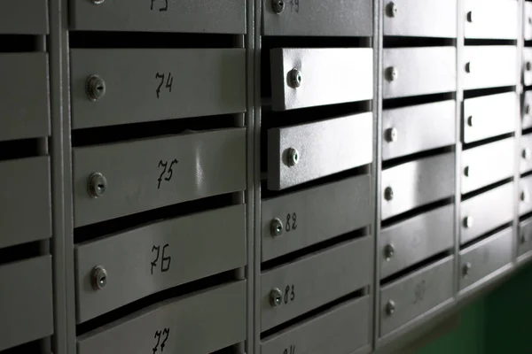 Gray Metal Mailboxes Entrance Apartment Building — стоковое фото