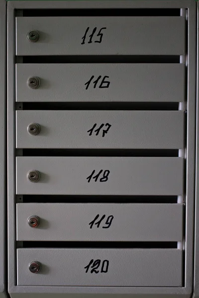 Gray Metal Mailboxes Entrance Apartment Building — стоковое фото