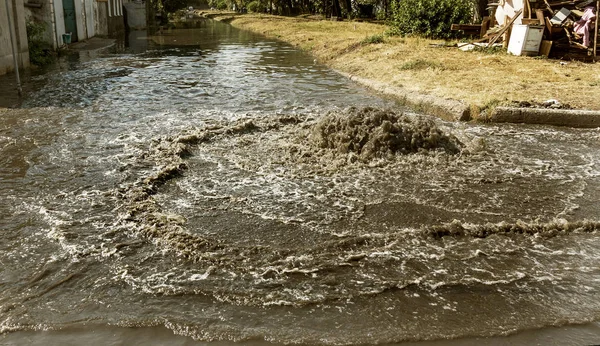 Water Flows Out Drainage Hatch Drainage Fountain Sewage Accident Sewage — стоковое фото